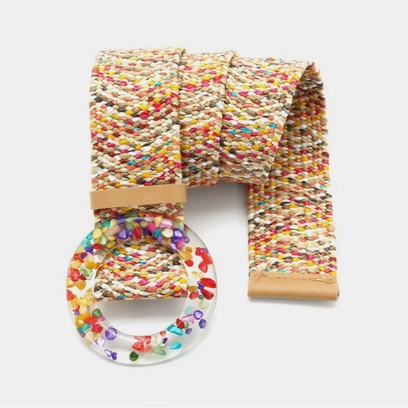 Stretch Raffia Belt with Retro Buckle - Picture 2 of 4